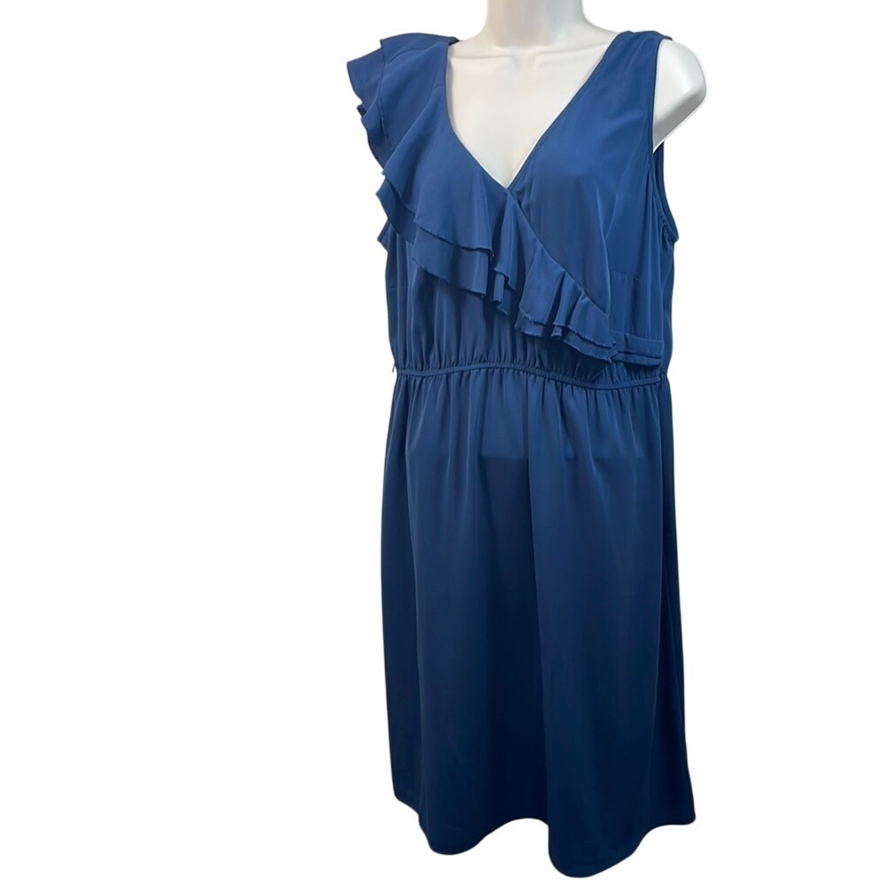Ruffle V Neck Sleeveless Dress, Blue Casual Party Cocktail